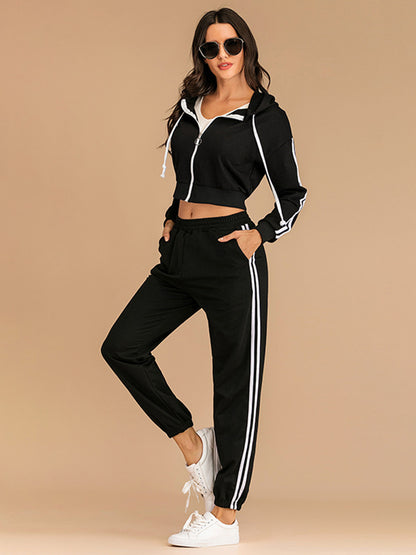 Perfee Drawstring Side Stripe Zip Up Hooded Top and Pants Set  Trendsi Black S 