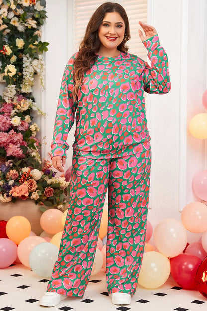 Plus Size Printed Round Neck Long Sleeve Top and Pants Set  Trendsi   