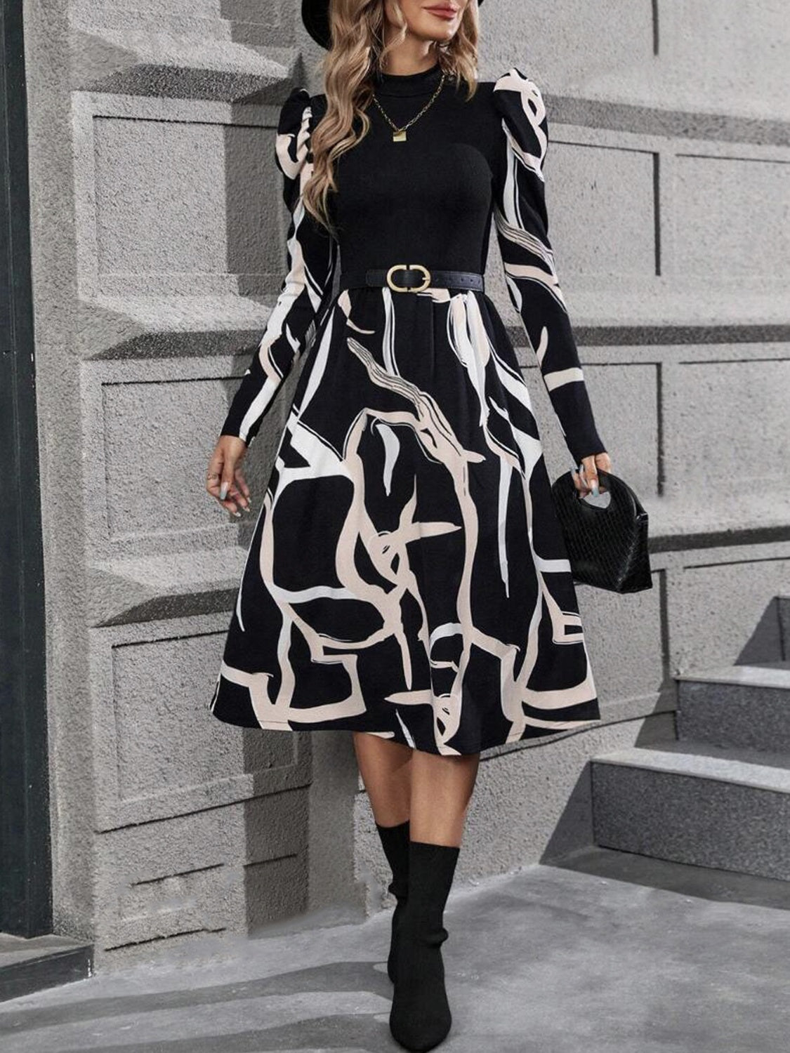 Printed Mock Neck Puff Sleeve Mini Dress Dress Trendsi   