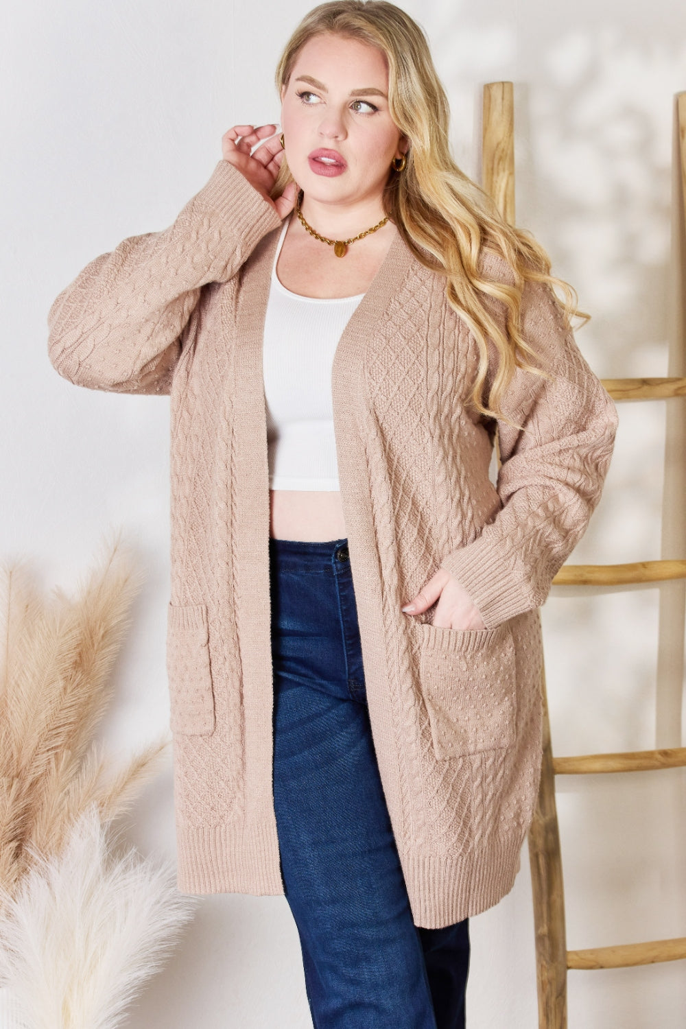 Hailey & Co Full Size Cable-Knit Pocketed Cardigan  Trendsi   