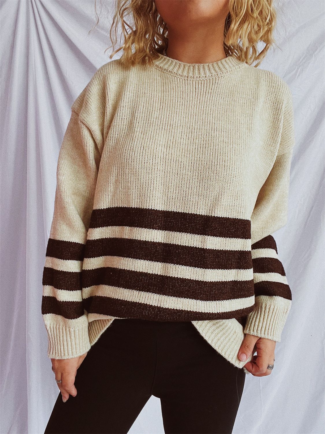 Striped Dropped Shoulder Long Sleeve Sweater  Trendsi   