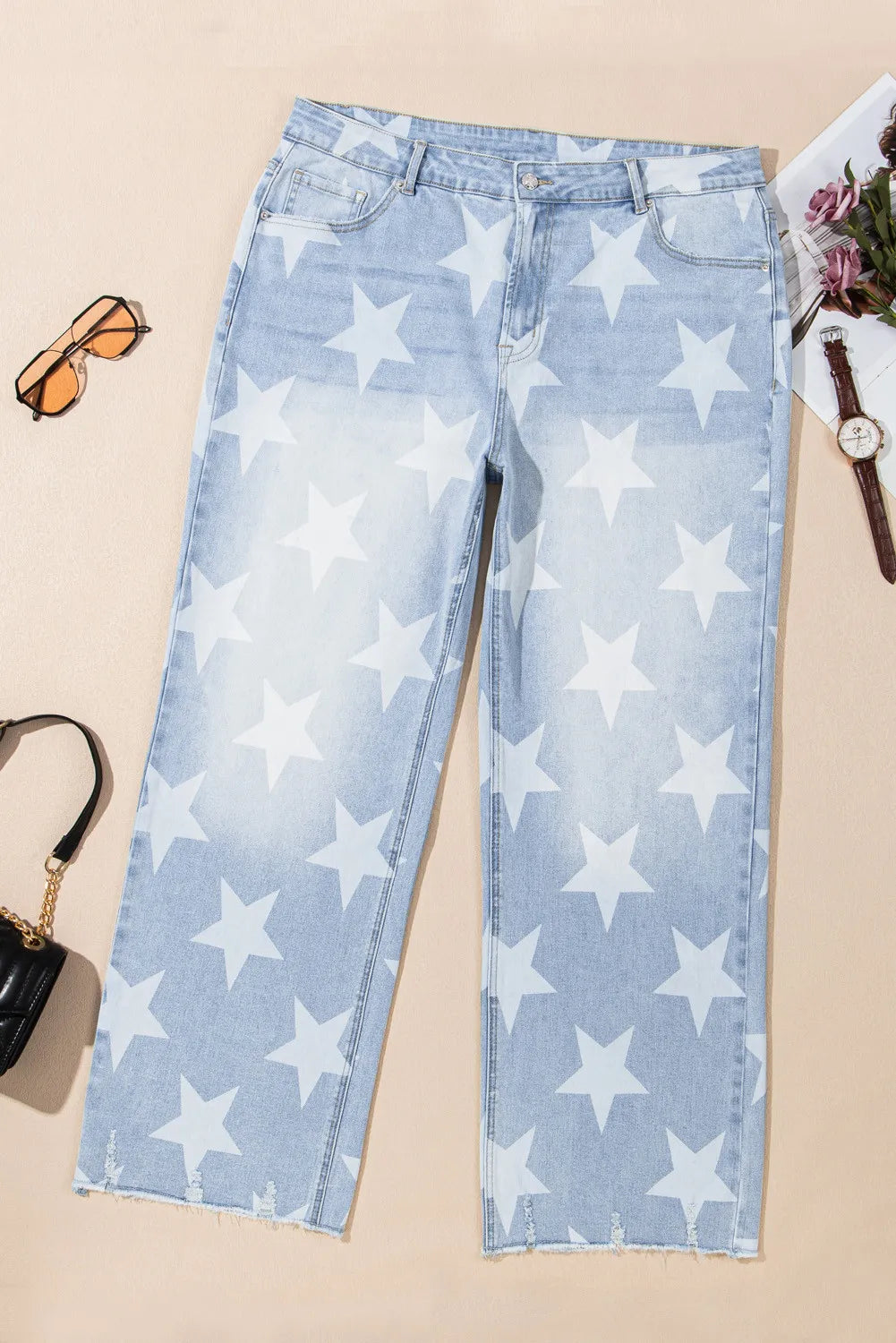 Plus Size Star Straight Leg Jeans with Pockets  Trendsi   