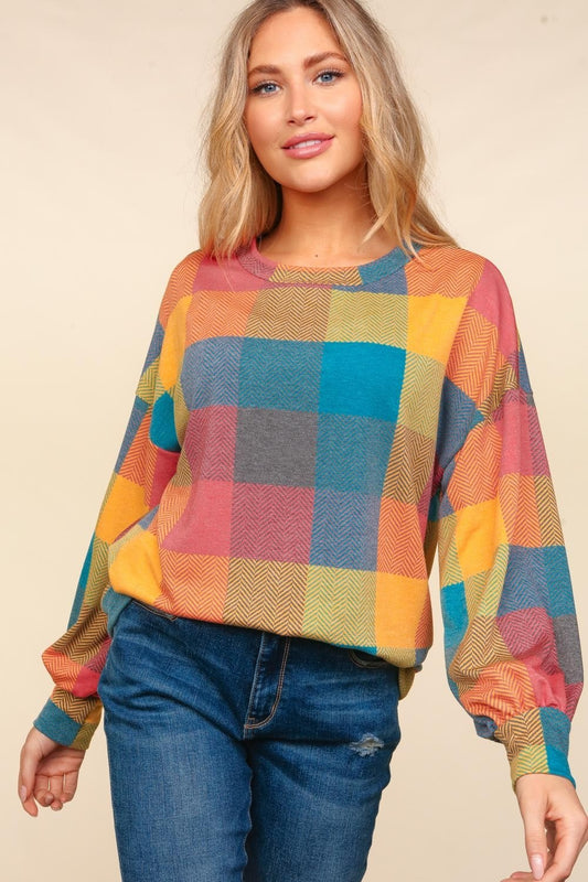 Haptics Round Neck Color Block Plaid Top  Trendsi Multi S 