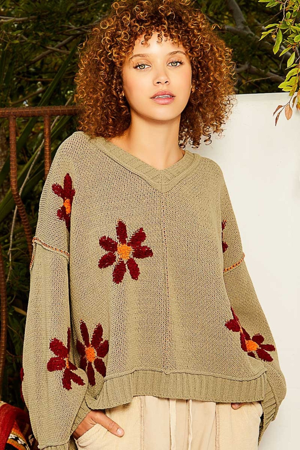 POL V-Neck Floral Pattern Chenille Sweater  Trendsi Olive S 