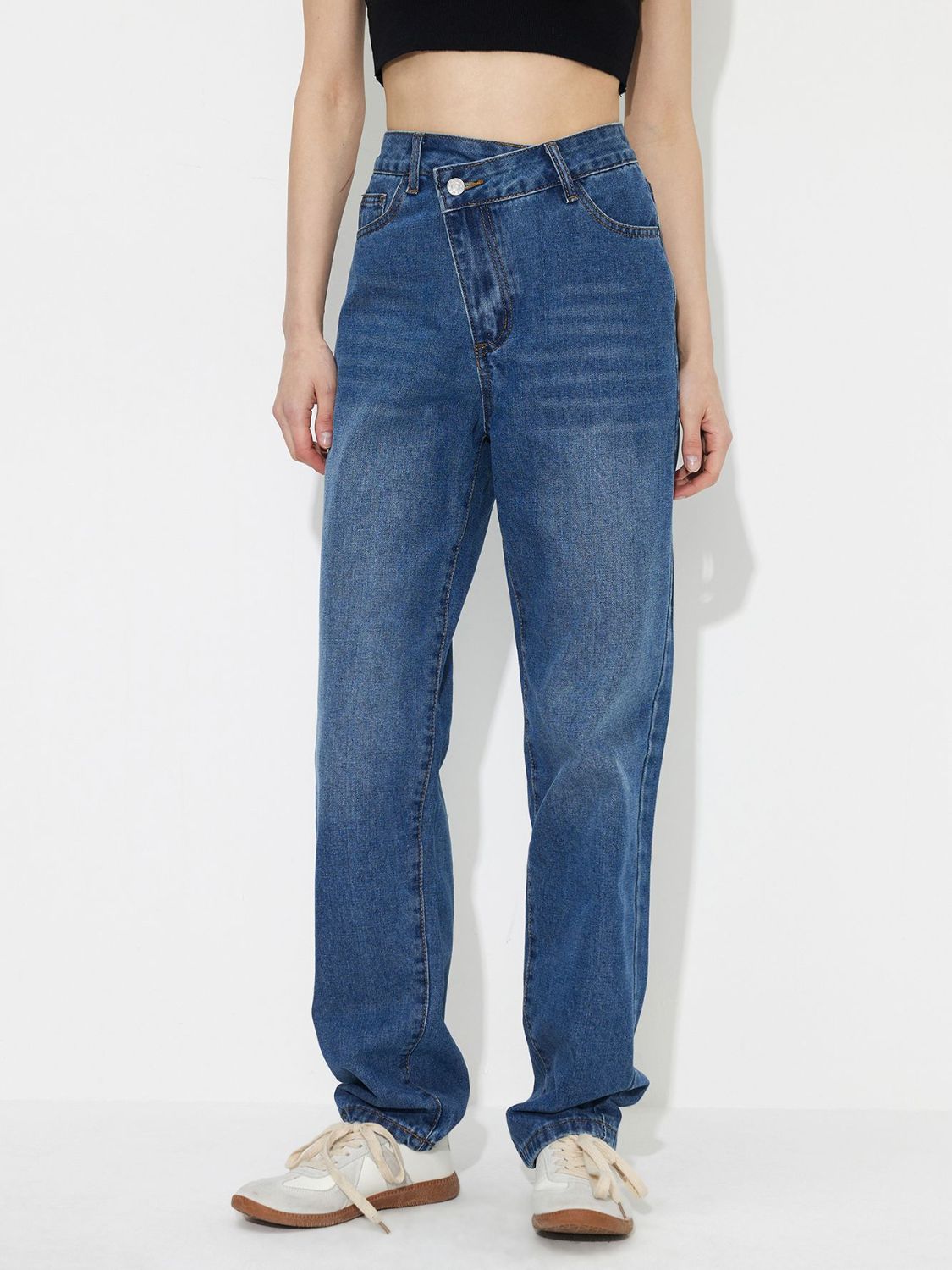 Asymmetric Waist Jeans with Pockets  Trendsi   