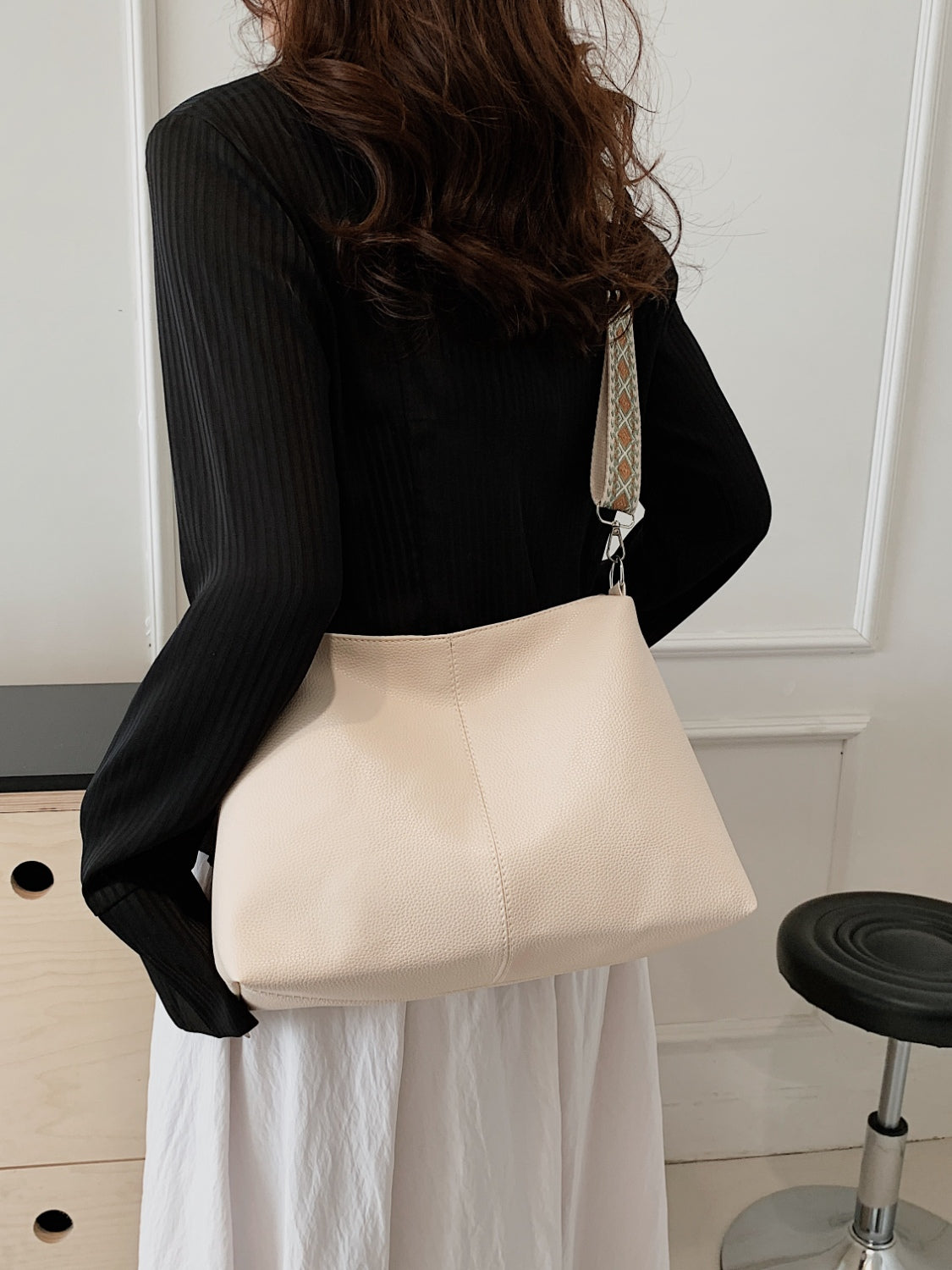 PU Leather Geometric Pattern Strap Shoulder Bag  Trendsi Ivory One Size 