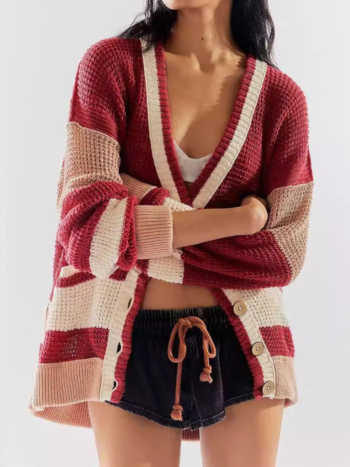 Pocketed Contrast V-Neck Long Sleeve Cardigan  Trendsi   