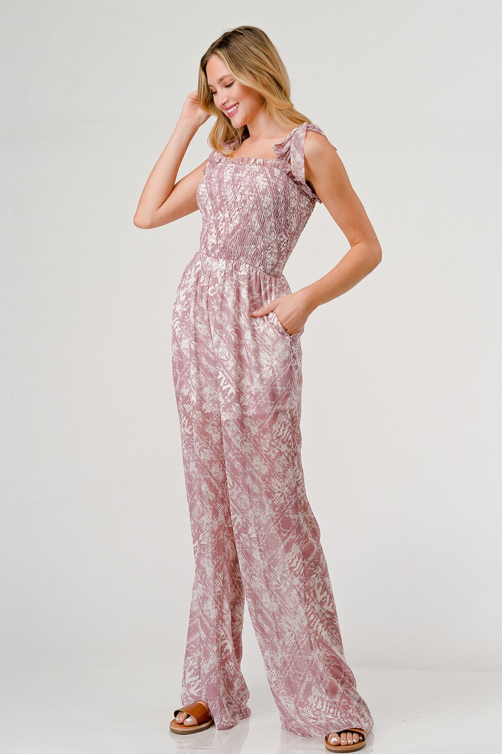 GeeGee Printed Tie Shoulder Wide Leg Jumpsuit  Trendsi   