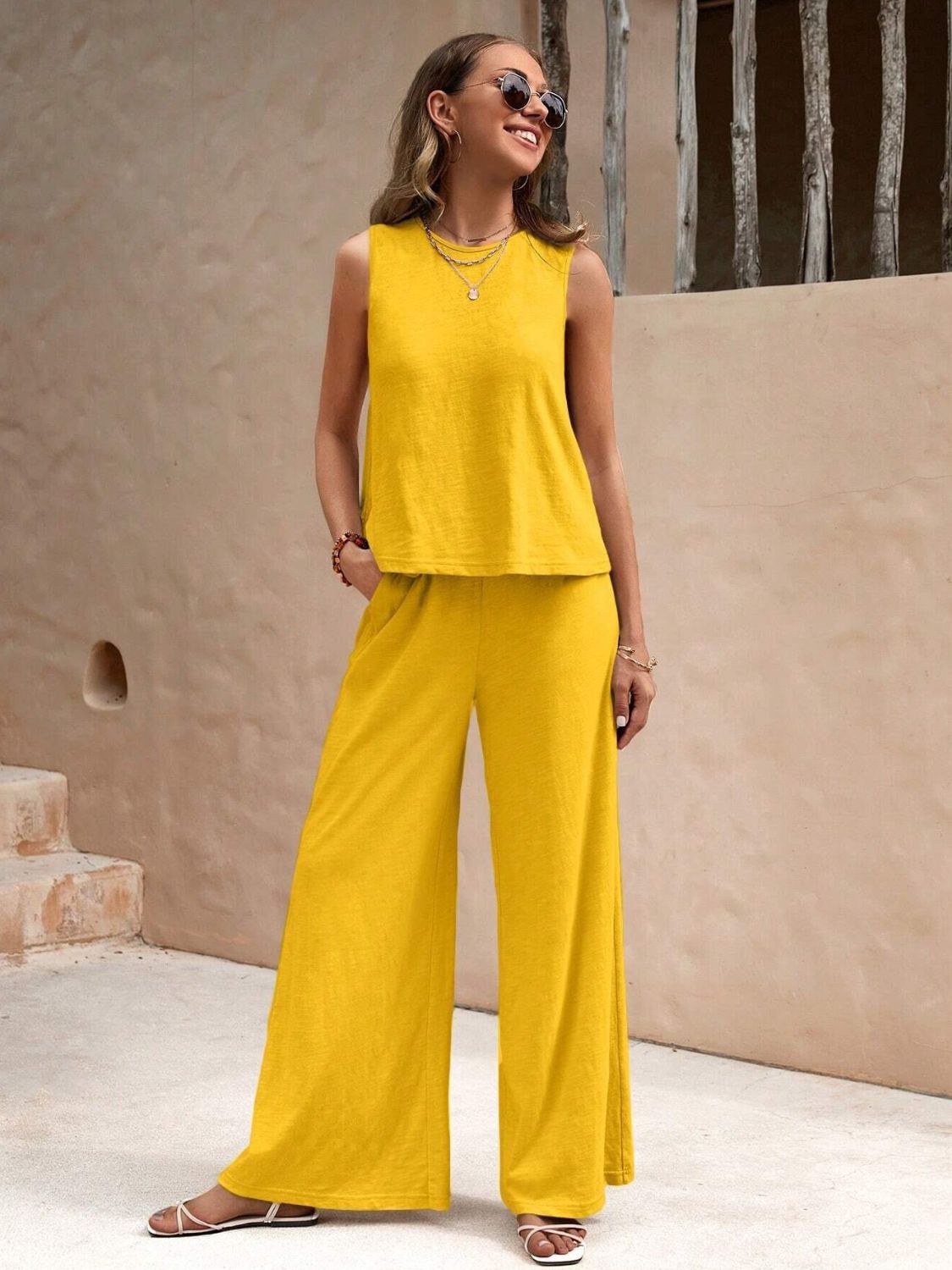 Round Neck Sleeveless Top and Wide Leg Pants Set  Trendsi   