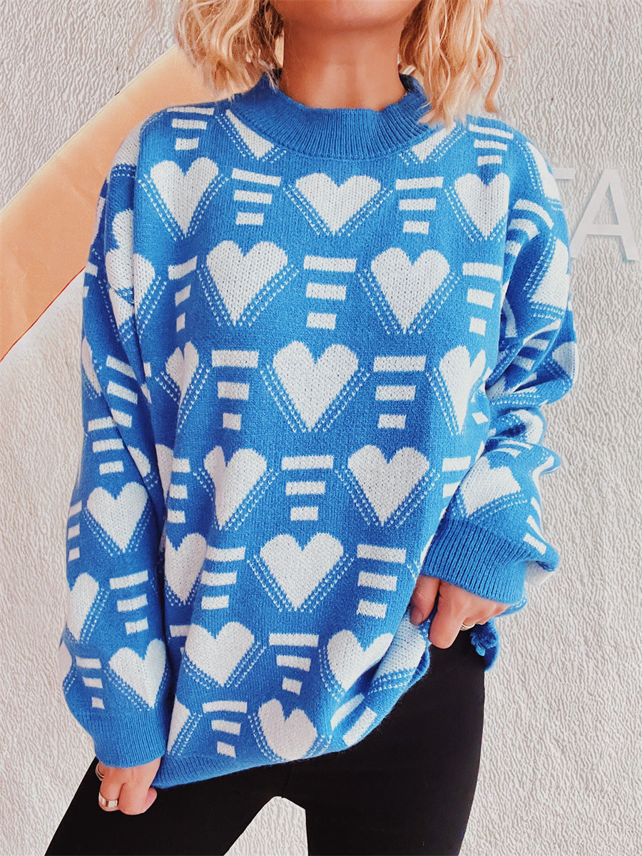 Heart Contrast Long Sleeve Dropped Shoulder Sweater  Trendsi   