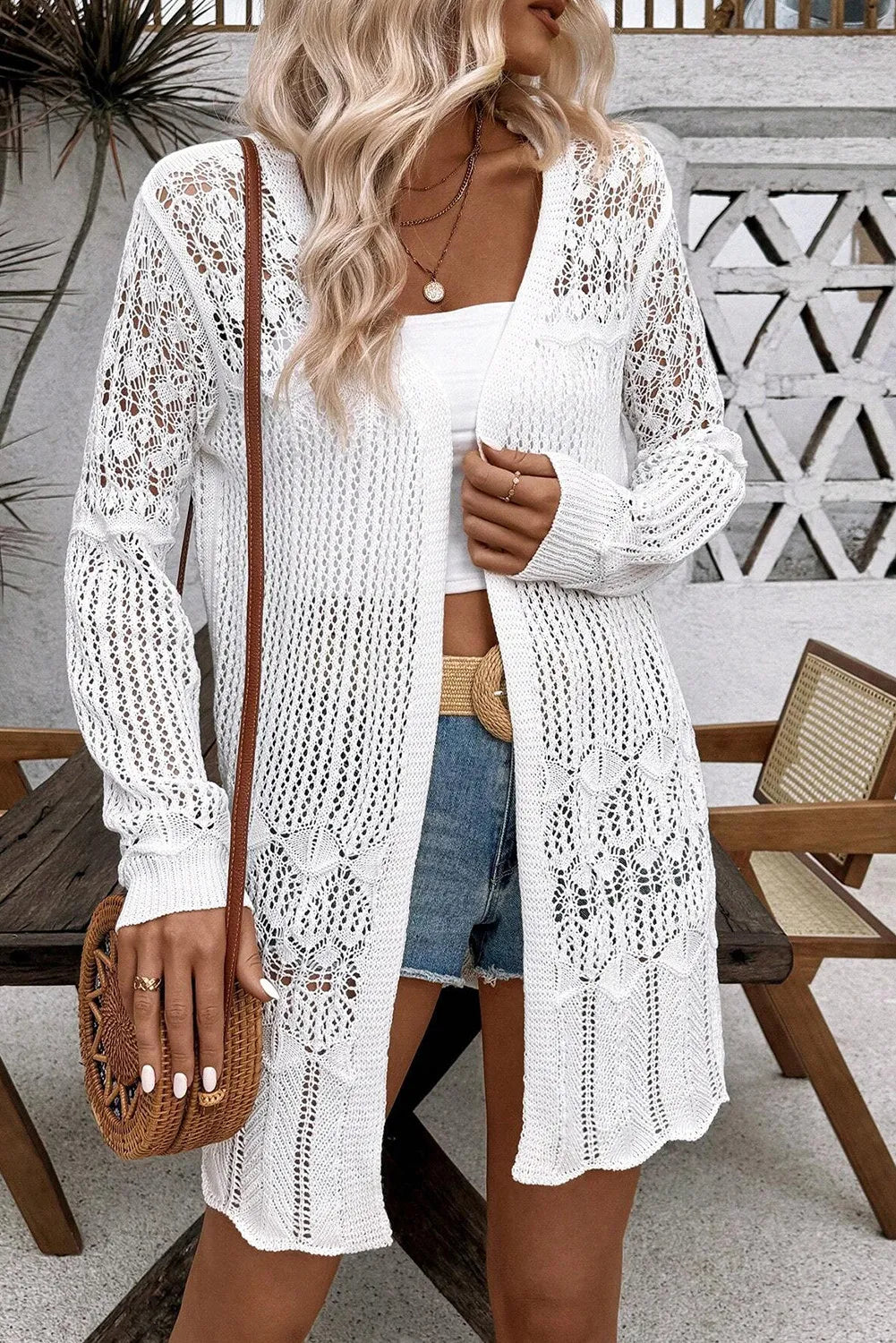 Openwork Open Front Long Sleeve Cardigan  Trendsi   