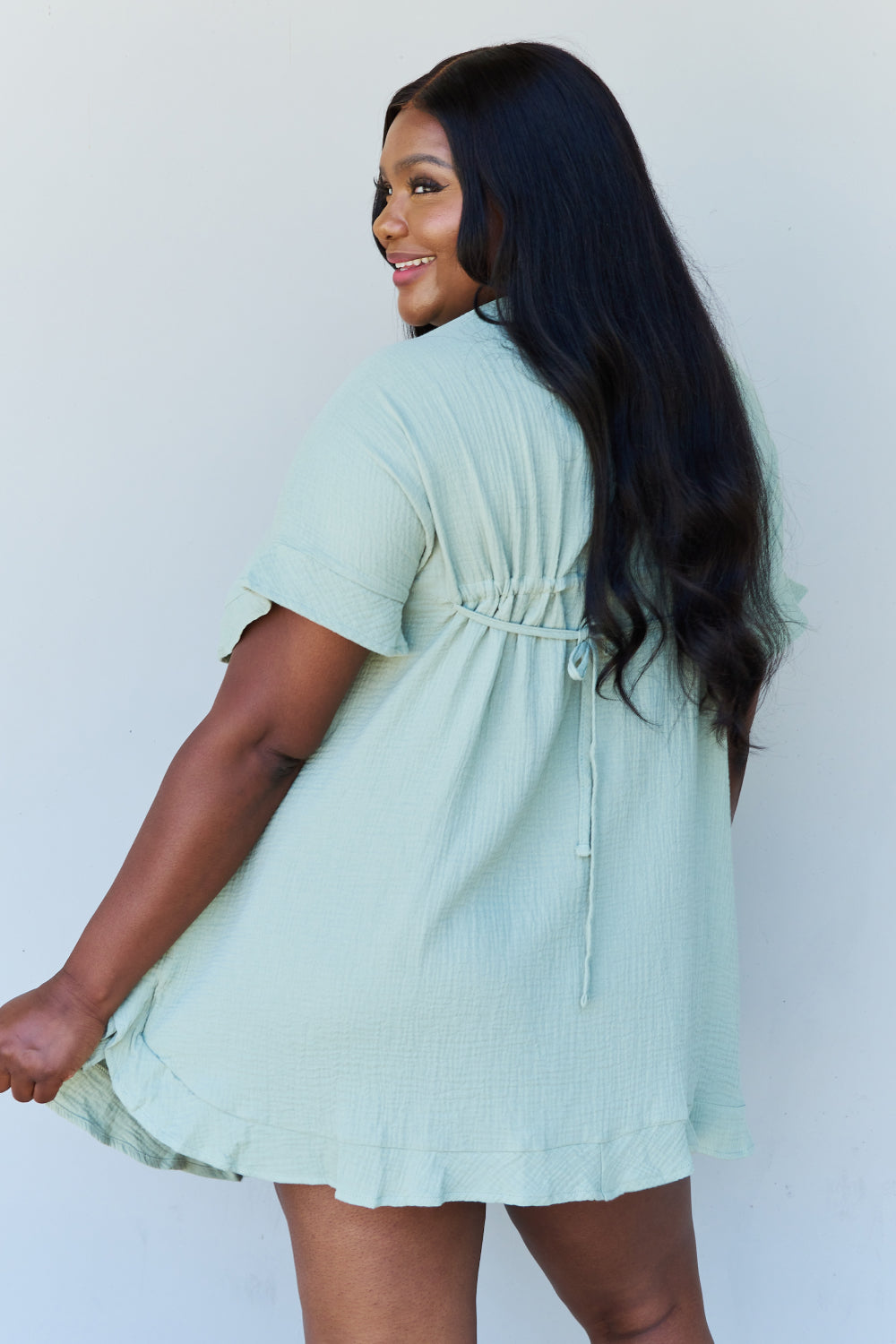 Ninexis Out Of Time Full Size Ruffle Hem Dress with Drawstring Waistband in Light Sage Sale Trendsi   