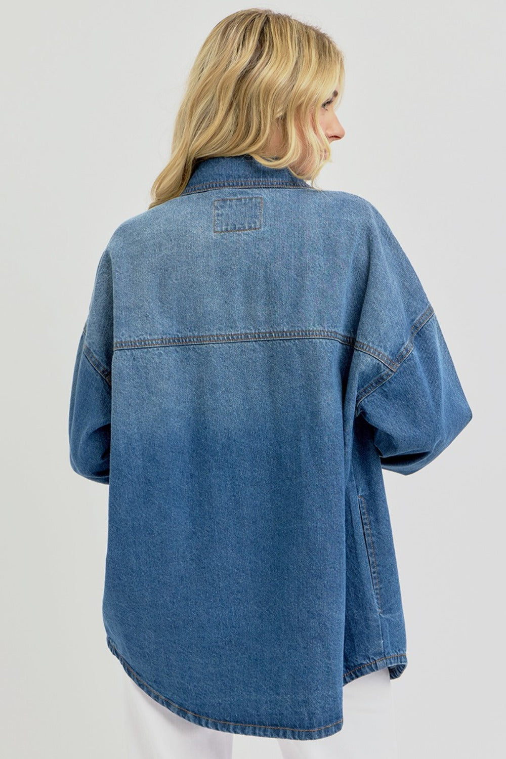 RISEN Full Size Snap Down Long Sleeve Denim Shacket Luxe Trendsi   