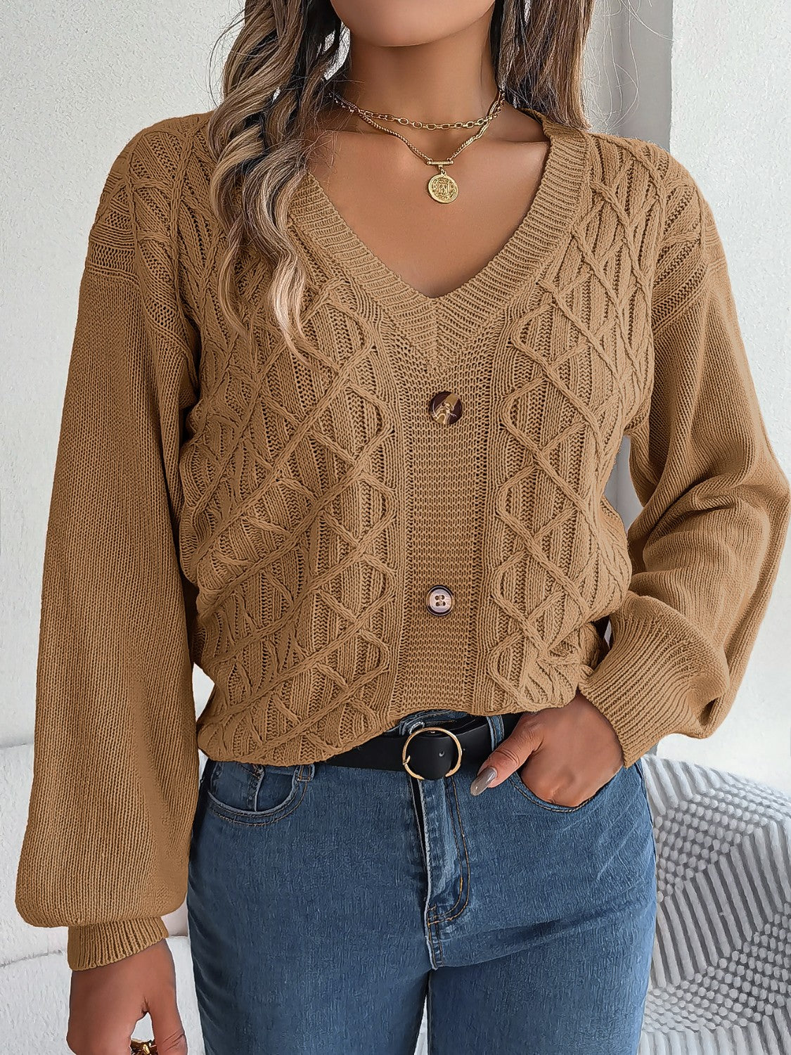 Cable-Knit V-Neck Lantern Sleeve Sweater  Trendsi   