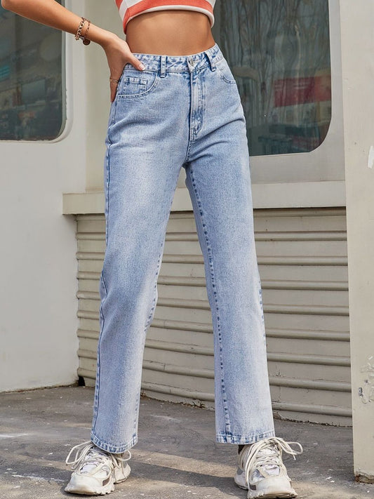 High Waist Straight Jeans with Pockets  Trendsi Light XS 