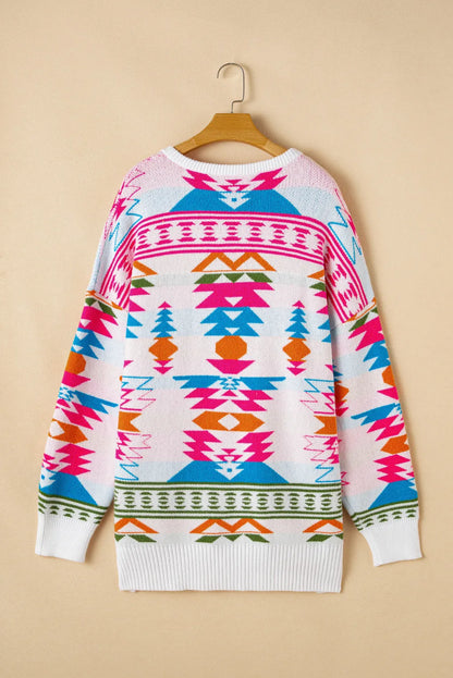 Geometric V-Neck Long Sleeve Sweater  Trendsi   