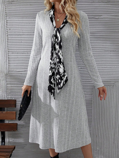 V-Neck Long Sleeve Midi Dress  Trendsi Gray S 