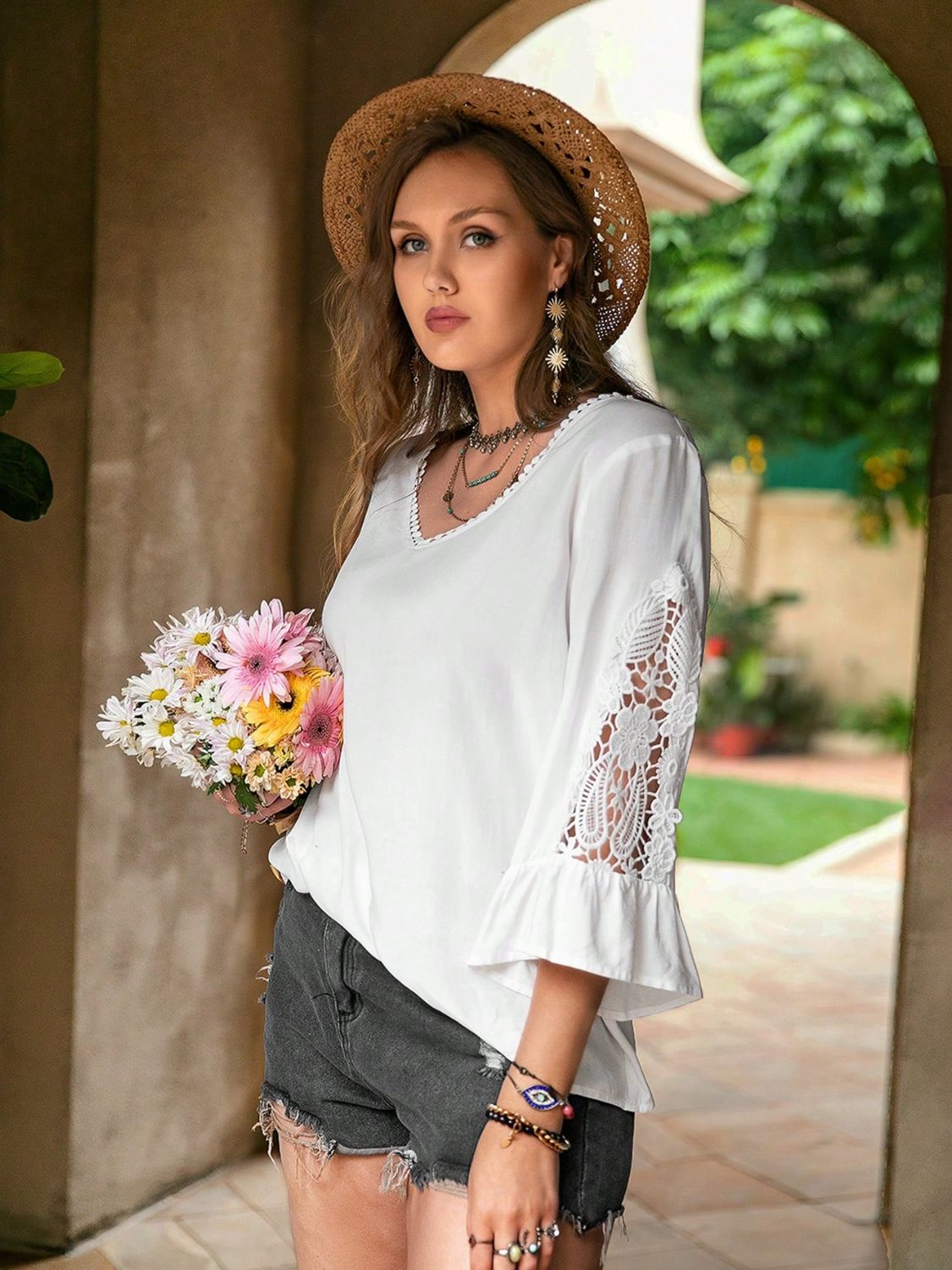 Plus Size Lace Detail V-Neck Three-Quarter Sleeve Blouse Blouse Trendsi   