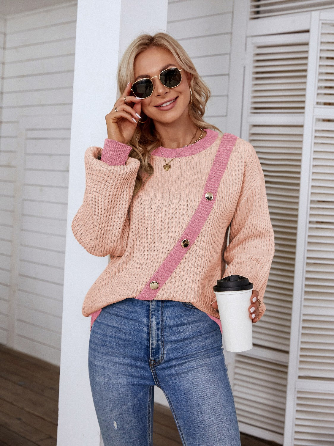 Decorative Button Round Neck Sweater  Trendsi Blush Pink S 