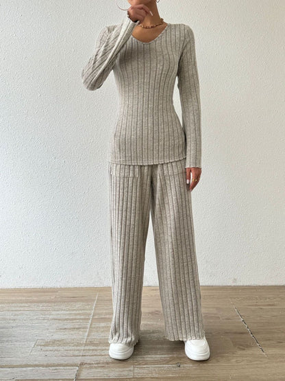 Ribbed V-Neck Long Sleeve Top and Pocketed Pants Set  Trendsi   