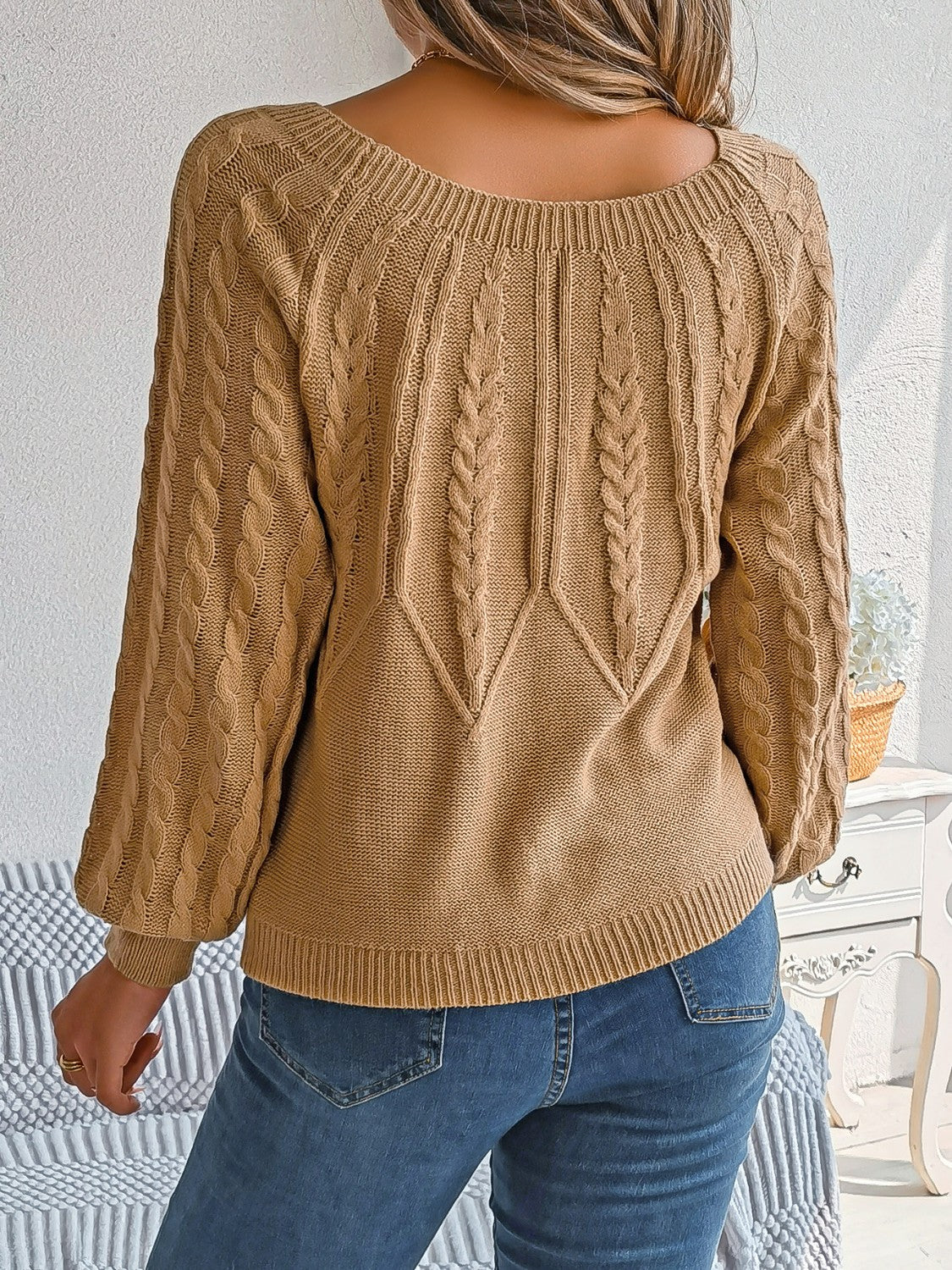 Cable-Knit Round Neck Long Sleeve Sweater  Trendsi   