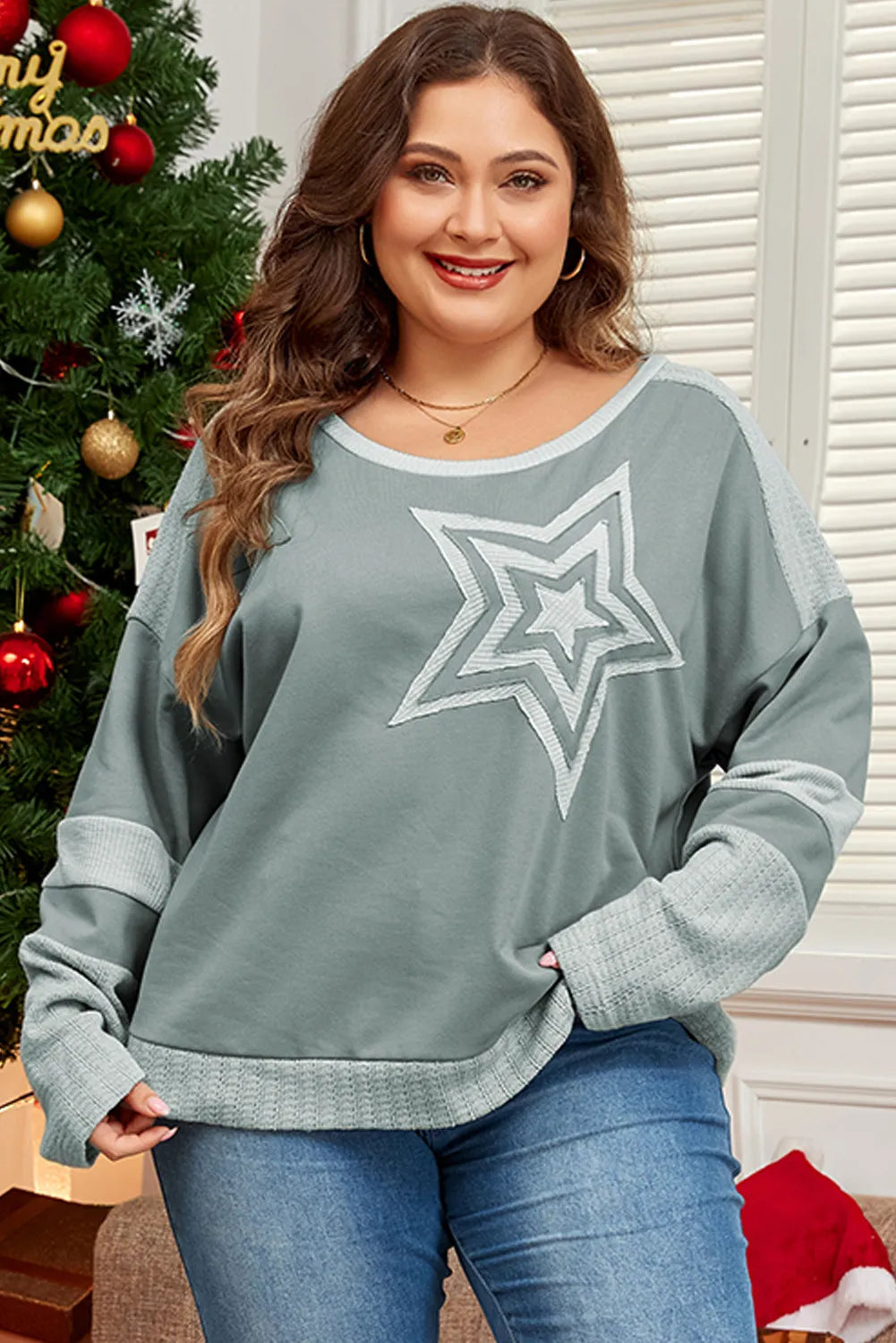 Plus Size Star Round Neck Long Sleeve Top Blouse Trendsi   