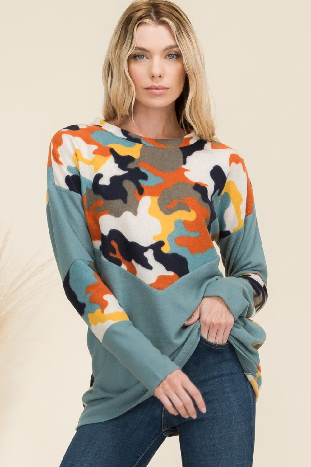 Celeste Full Size Camo Print Contrast Long Sleeve T-Shirt  Trendsi Teal Camo S 