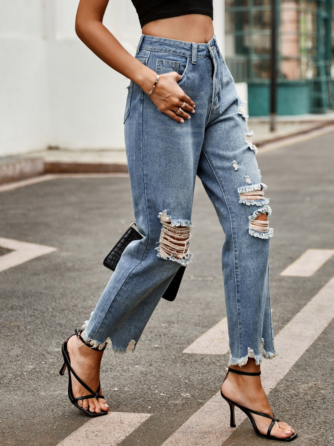 Distressed Raw Hem Jeans with Pockets  Trendsi   