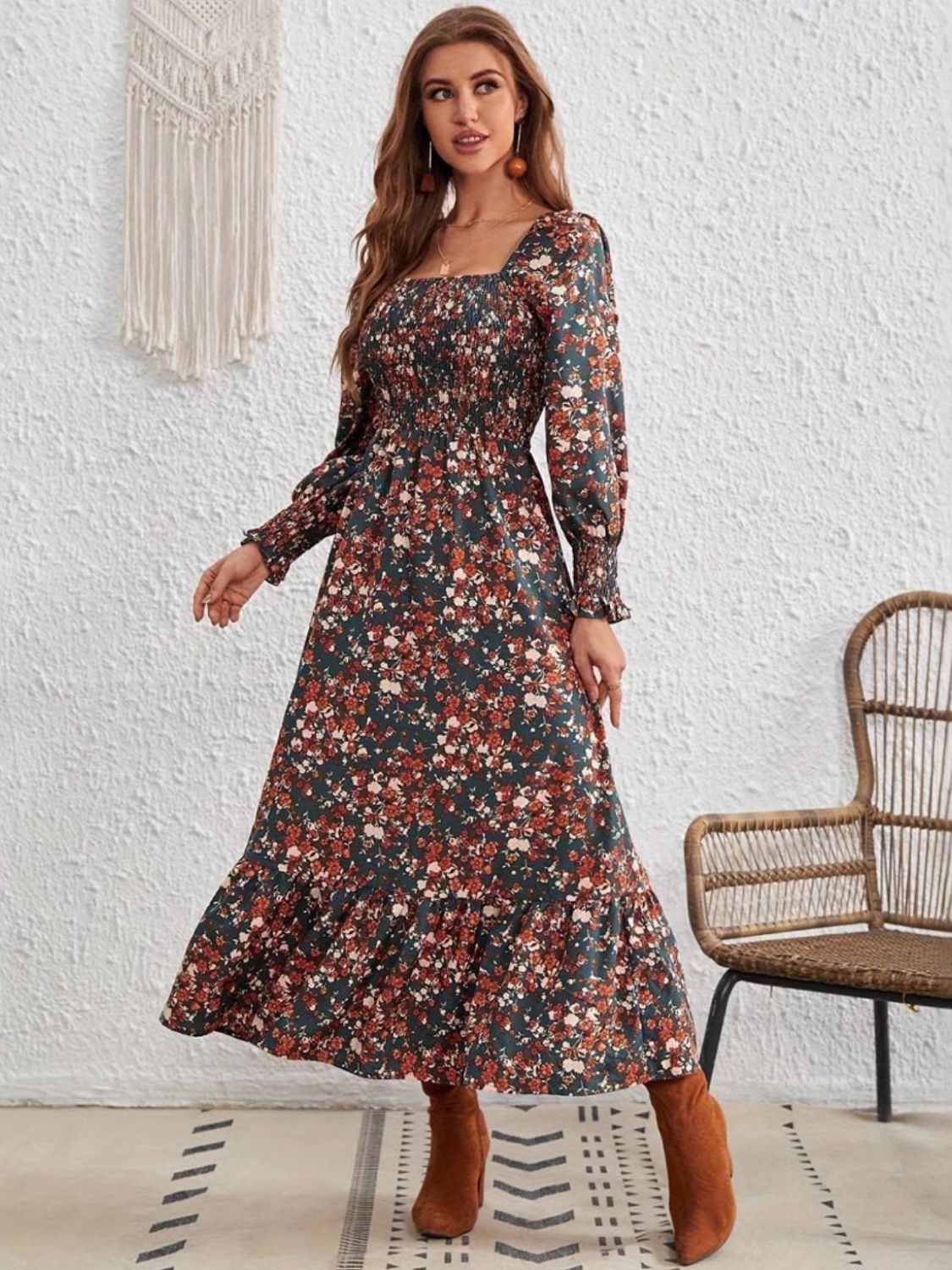 Smocked Floral Square Neck Long Sleeve Dress  Trendsi   