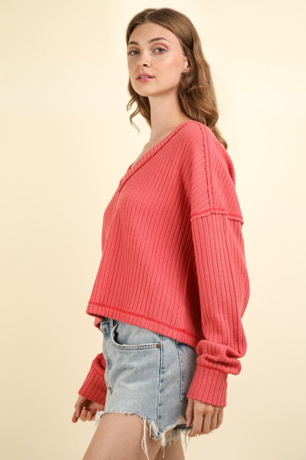 VERY J Exposed Seam V-Neck Ribbed Knit Top Luxe Trendsi   