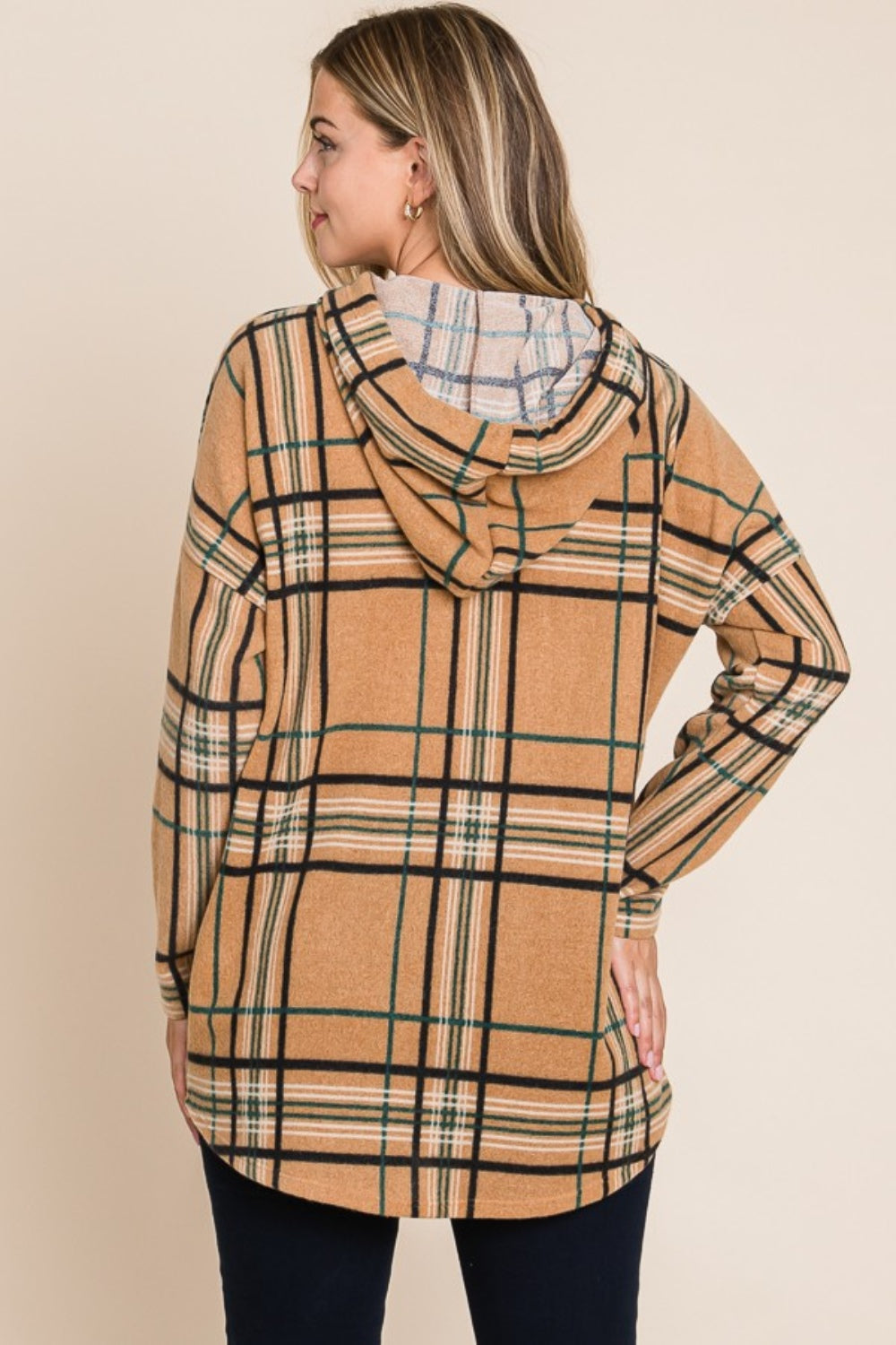 BOMBOM Drawstring Plaid Long Sleeve Hoodie  Trendsi   