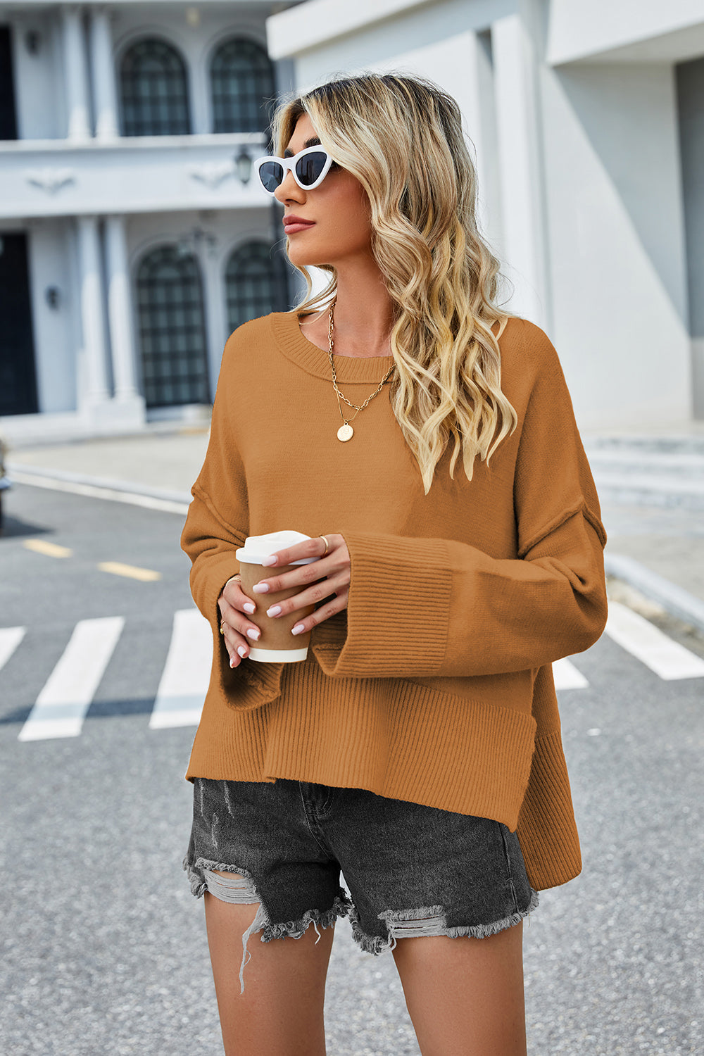 High-Low Slit Round Neck Long Sleeve Sweater  Trendsi Caramel S 