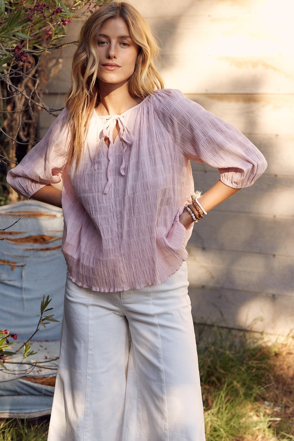 In February Textured Tie Neck Blouse  Trendsi Dusty Pink S 