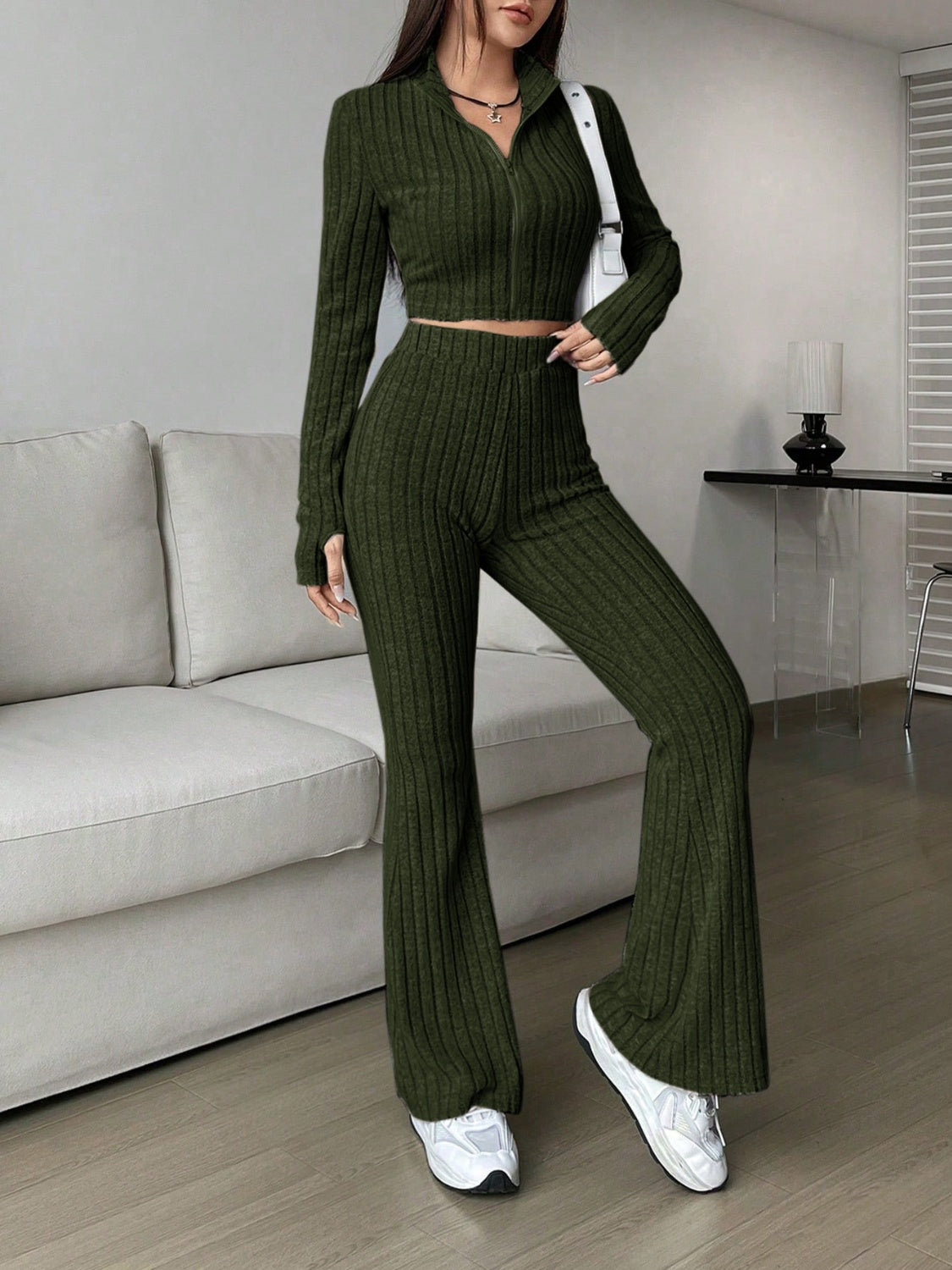 Honey Zip Up Long Sleeve Top and Pants Set  Trendsi Army Green S 