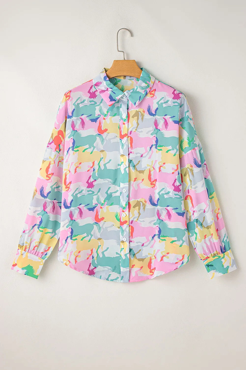 Horse Print Collared Neck Long Sleeve Shirt Blouse Trendsi   