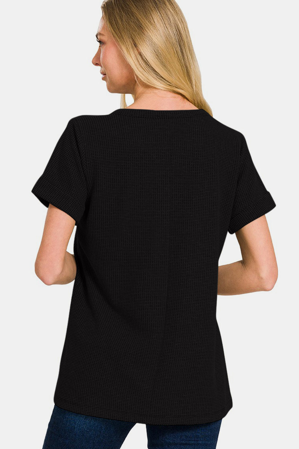 Zenana Notched Short Sleeve Waffle T-Shirt  Trendsi   