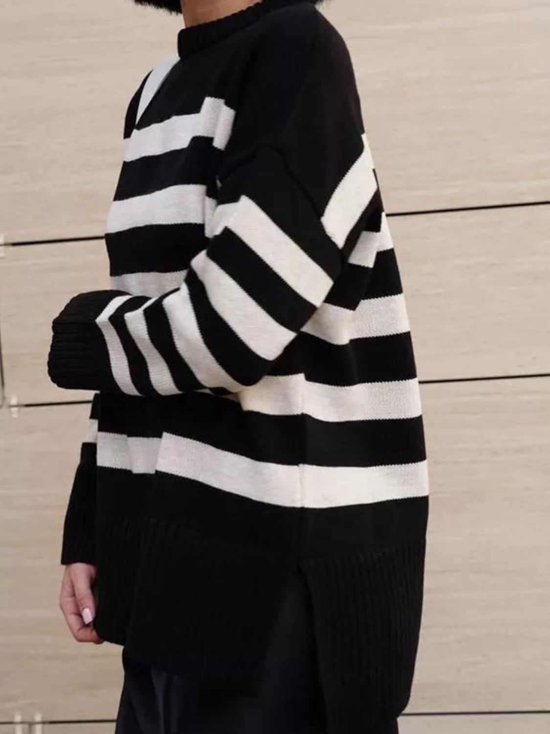 Slit Striped Round Neck Sweater  Trendsi   