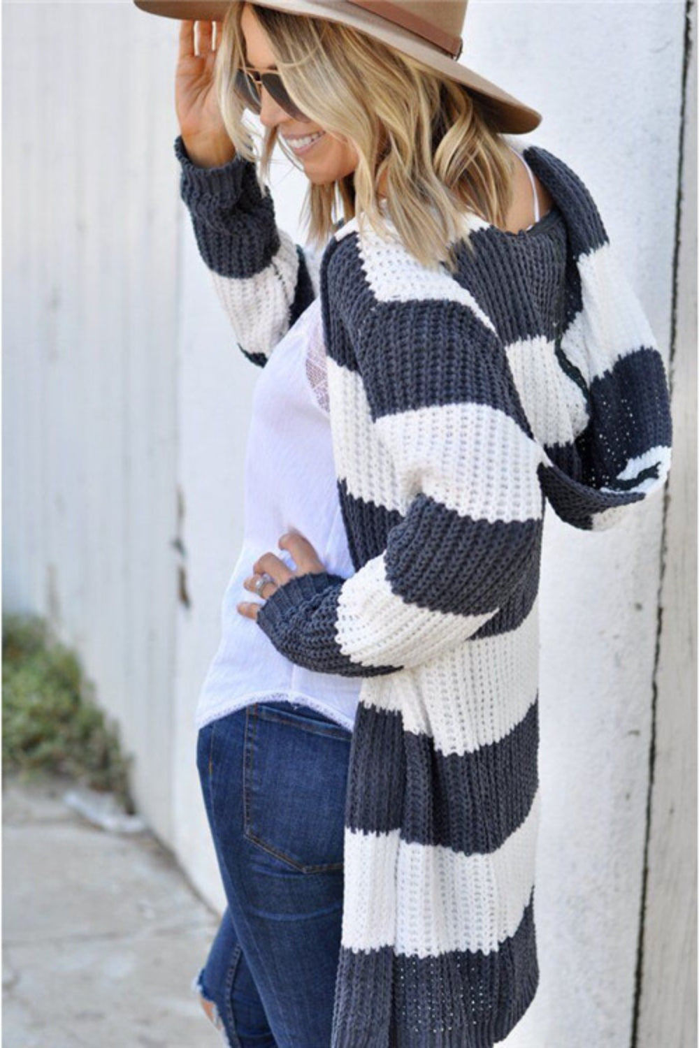 Contrast Stripes Open Front Long Sleeve Cardigan  Trendsi   