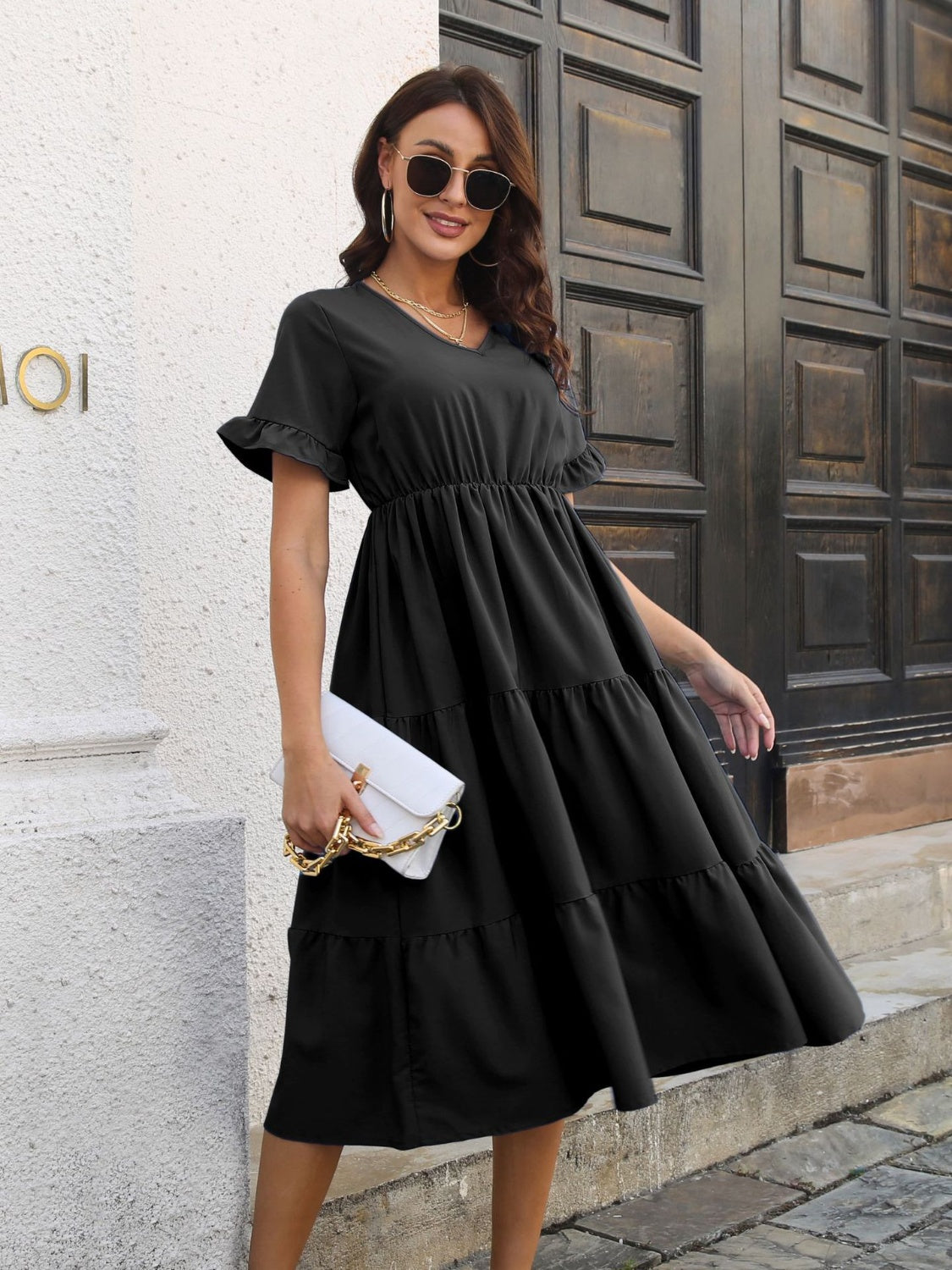 V-Neck Short Sleeve Midi Dress Dress Trendsi   