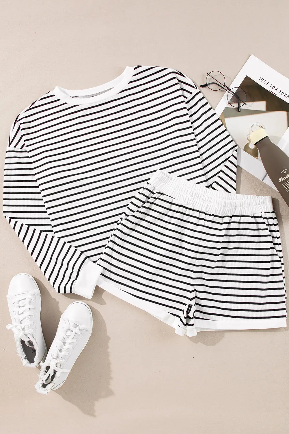 Striped Round Neck Long Sleeve Top and Shorts Set  Trendsi   