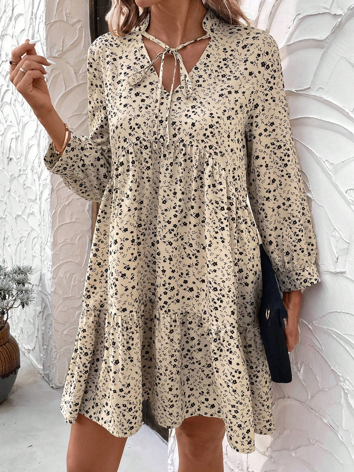 Tied Printed Long Sleeve Mini Dress  Trendsi   