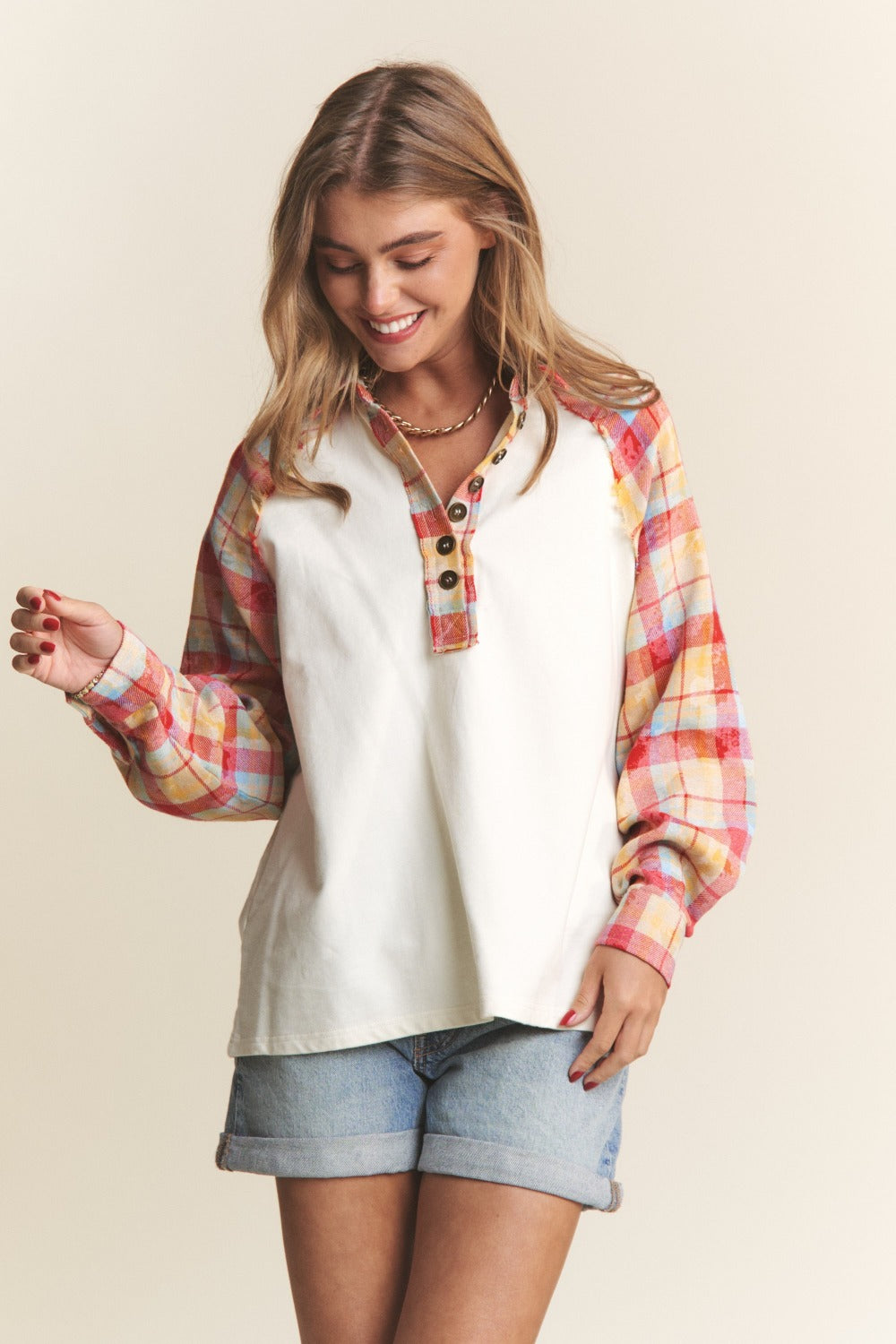 J.NNA Plaid Contrast Button Down Henley Top  Trendsi   