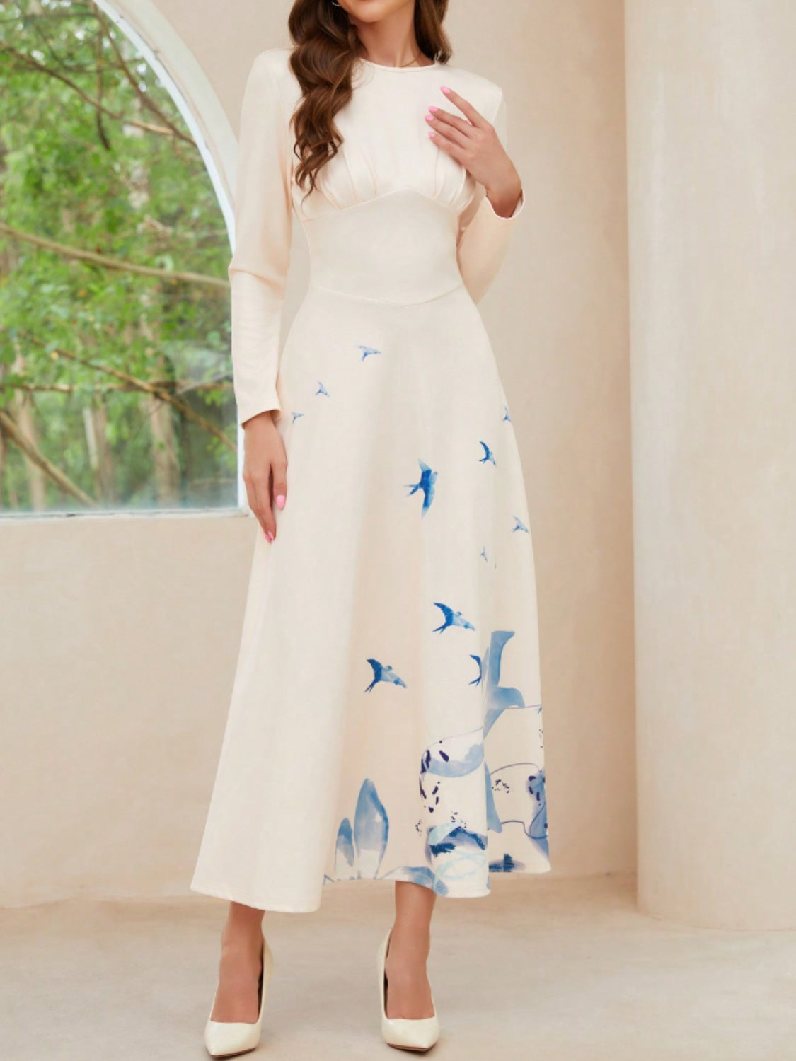 Printed Round Neck Long Sleeve Midi Dress  Trendsi Cream S 