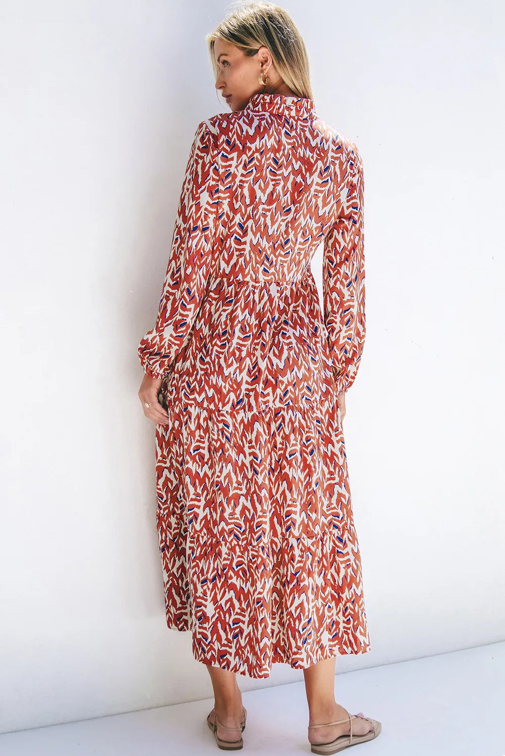 Printed Notched Long Sleeve Dress  Trendsi   