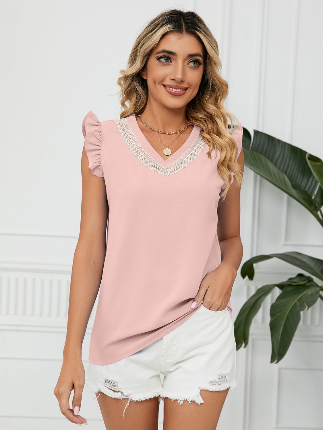 Ruffled V-Neck Cap Sleeve Blouse Blouse Trendsi Blush Pink S 