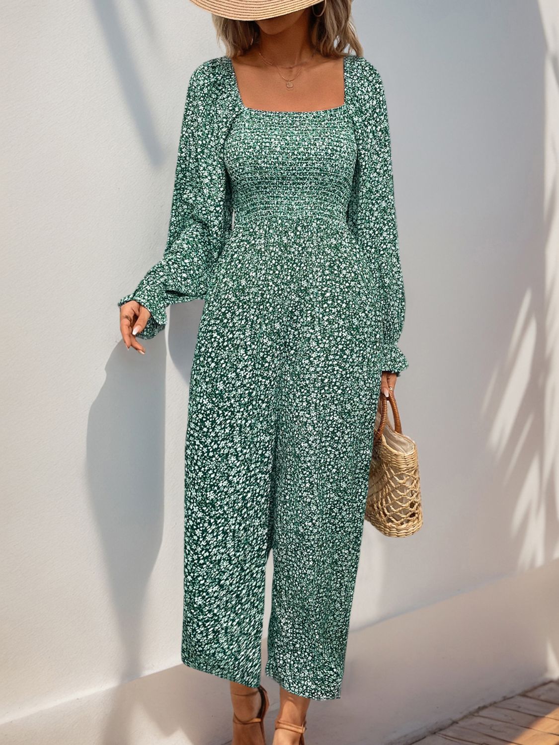 Perfee Smocked Printed Long Sleeve Wide Leg Jumpsuit  Trendsi   