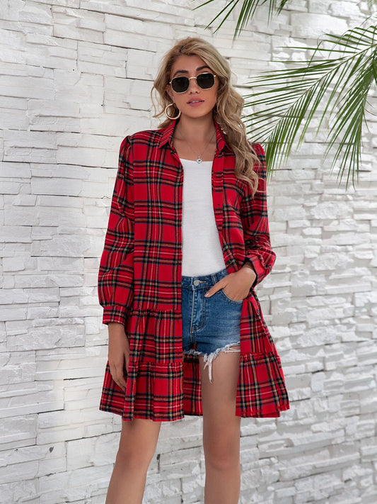 Ruffle Hem Plaid Button Down Long Sleeve Dress  Trendsi Burgundy S 