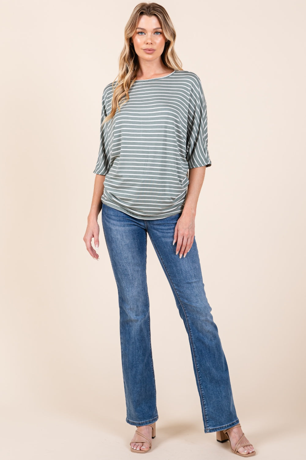 BOMBOM Striped Boat Neck Dolman Sleeve Top  Trendsi   