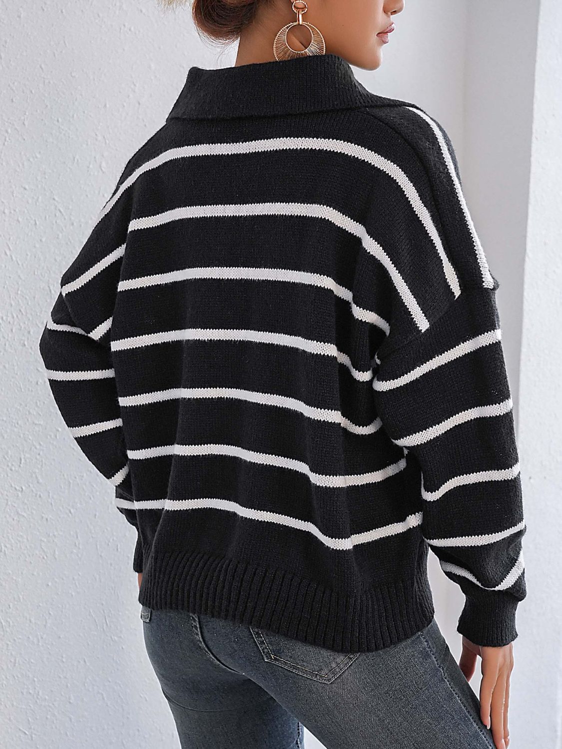 Striped Johnny Collar Long Sleeve Sweater  Trendsi   