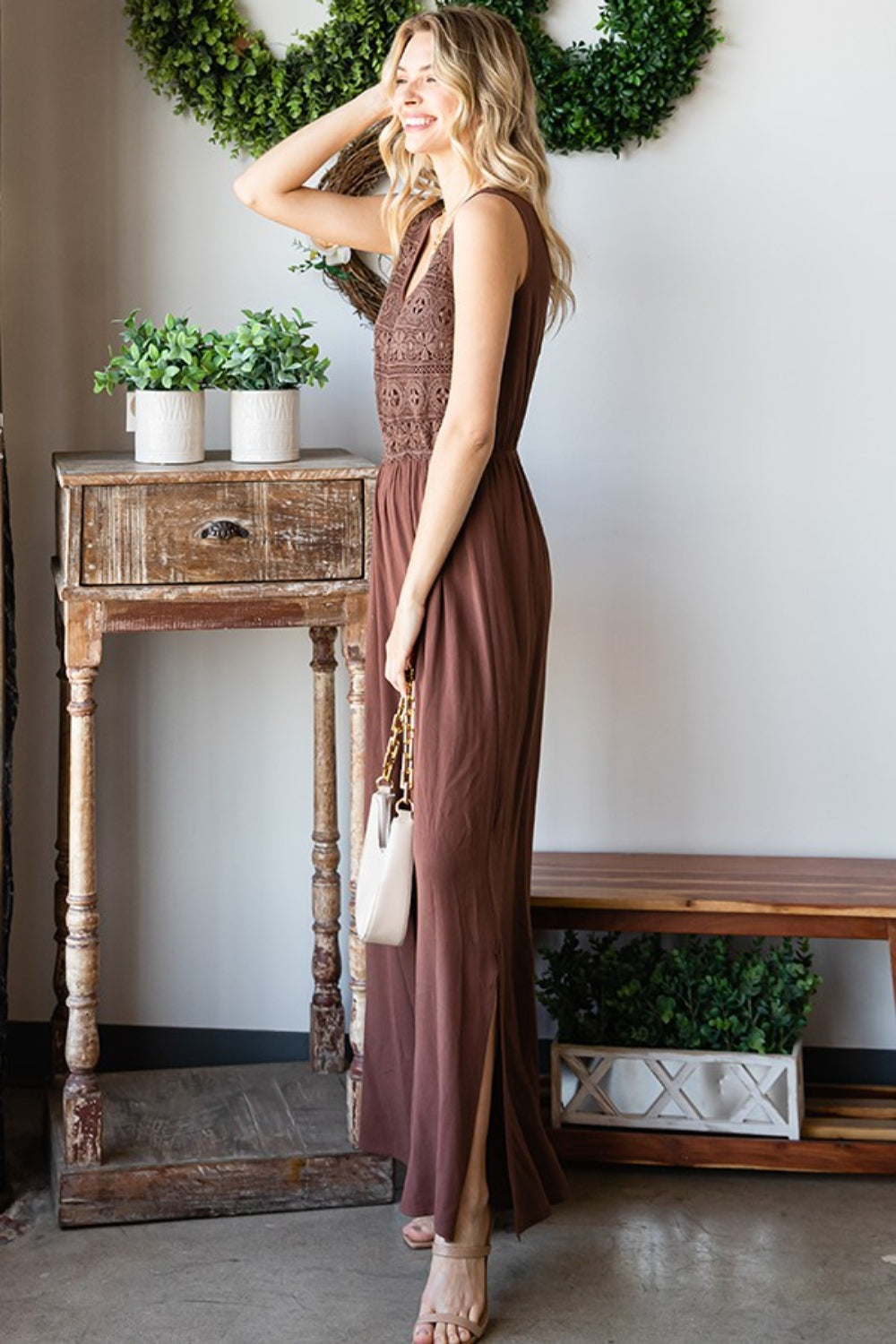 First Love Tie Back Sleeveless Slit Wide Leg Jumpsuit  Trendsi   